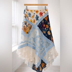 Anthropologie Asymmetrical Floral Skirt in Blue and Cream
